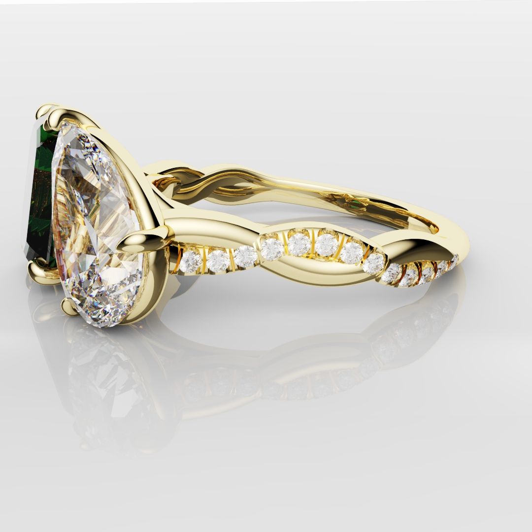 Green Emerald and Pear Diamond Toi Et Moi Engagement Ring