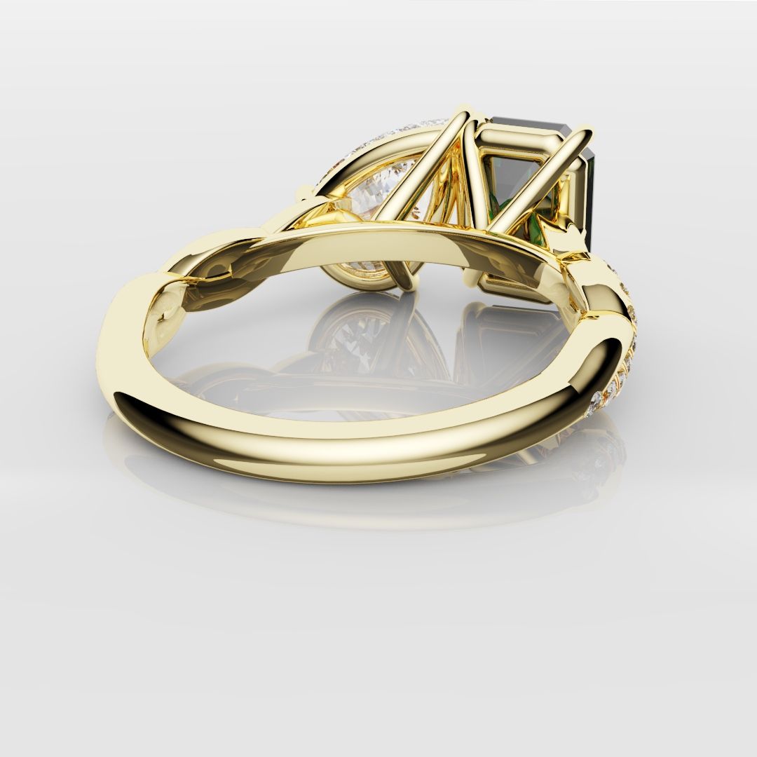 Green Emerald and Pear Diamond Toi Et Moi Engagement Ring