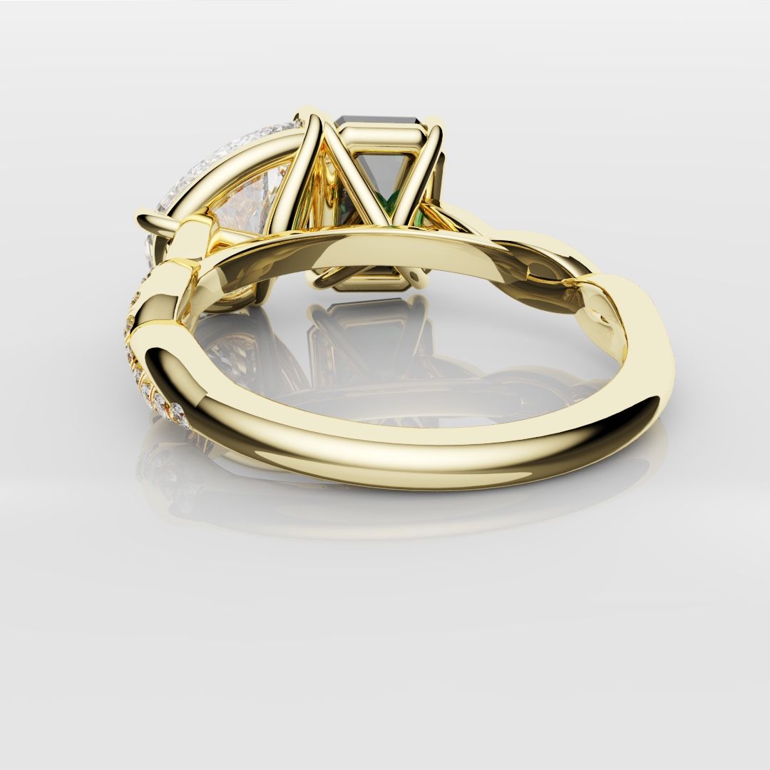 Green Emerald and Pear Diamond Toi Et Moi Engagement Ring