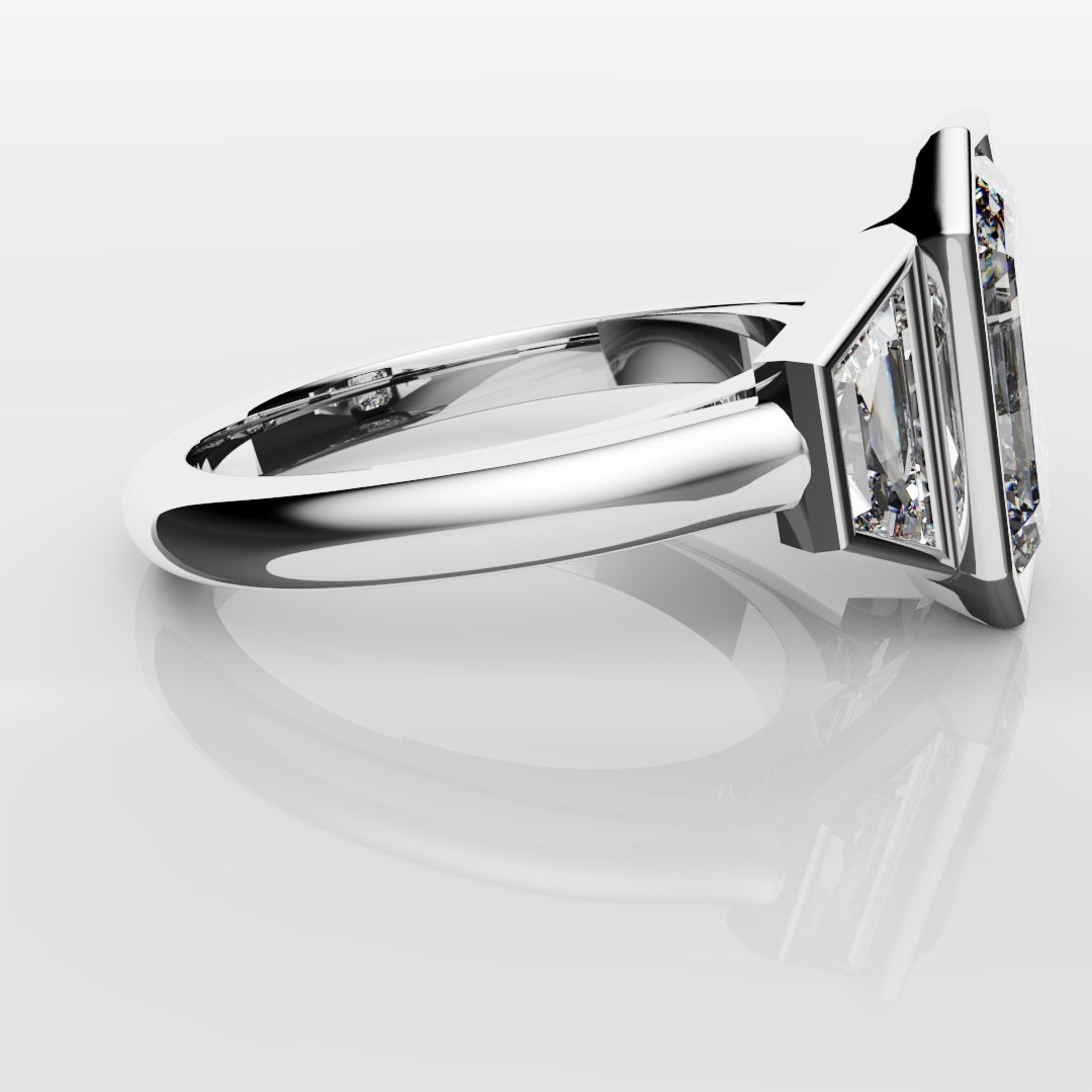 Emerald Cut and Trapezoid Diamond Trilogy Engagement Ring