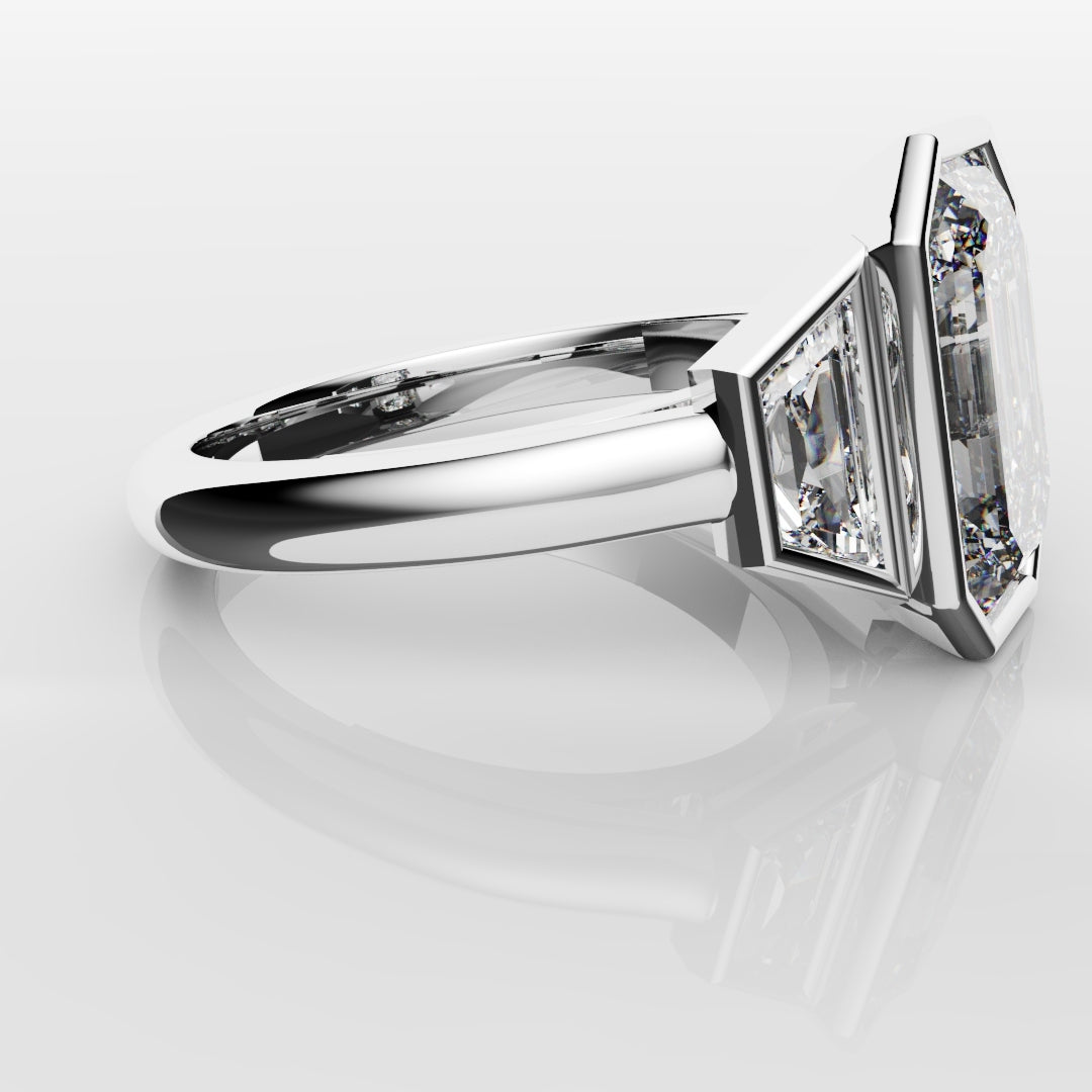 Emerald Cut and Trapezoid Diamond Trilogy Engagement Ring