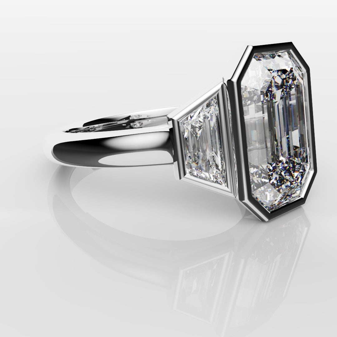 Emerald Cut and Trapezoid Diamond Trilogy Engagement Ring
