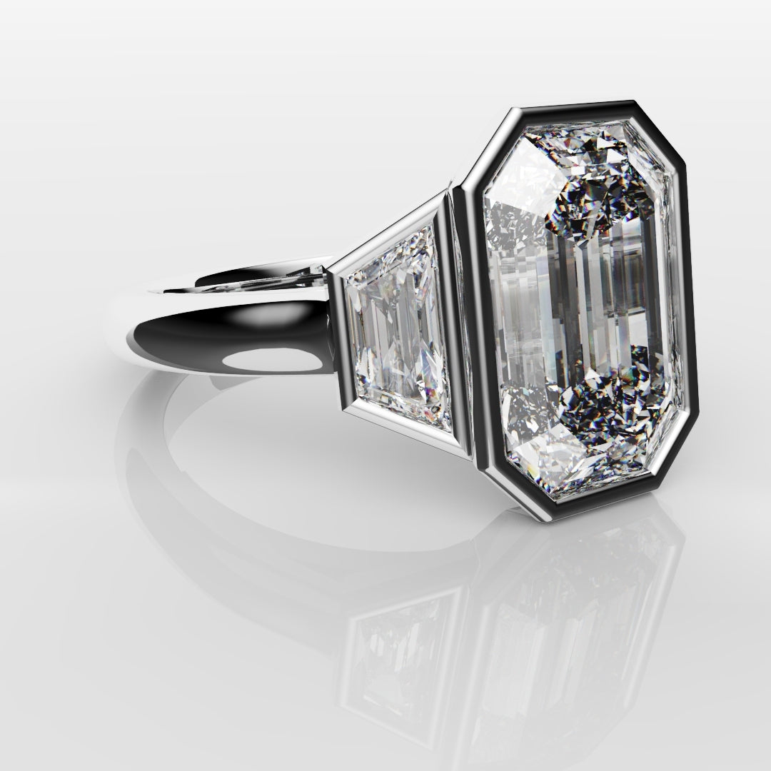 Emerald Cut and Trapezoid Diamond Trilogy Engagement Ring