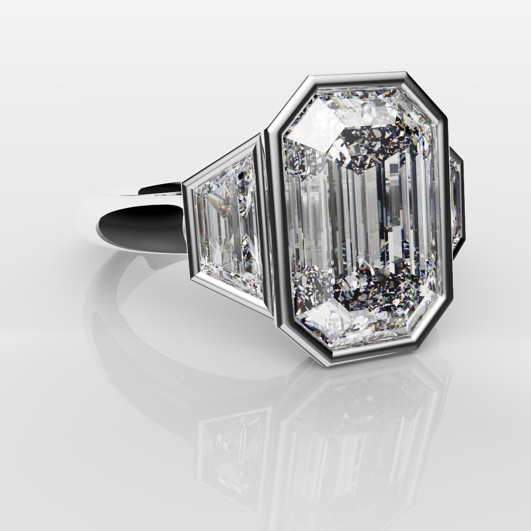 Emerald Cut and Trapezoid Diamond Trilogy Engagement Ring