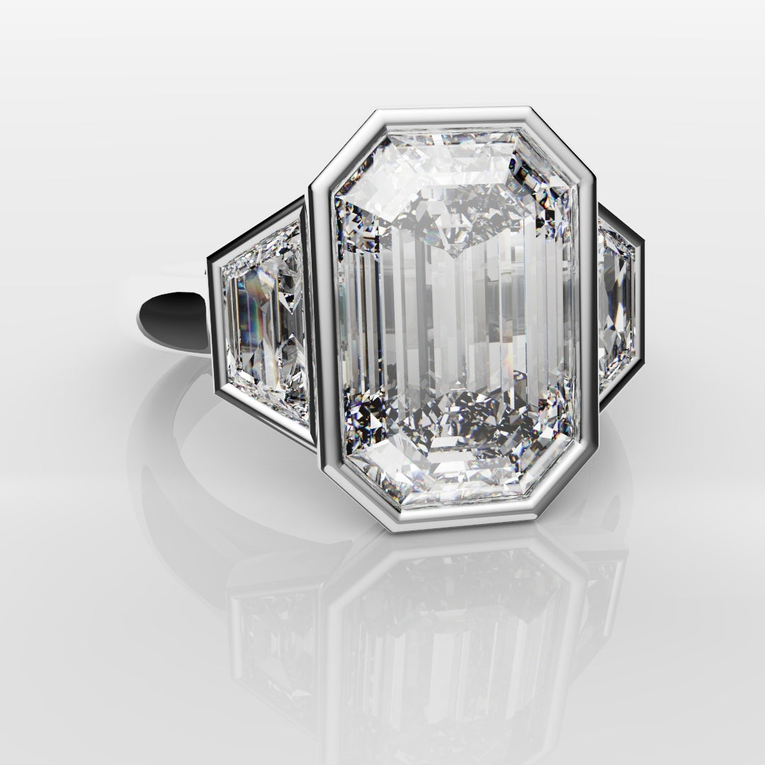 Emerald Cut and Trapezoid Diamond Trilogy Engagement Ring