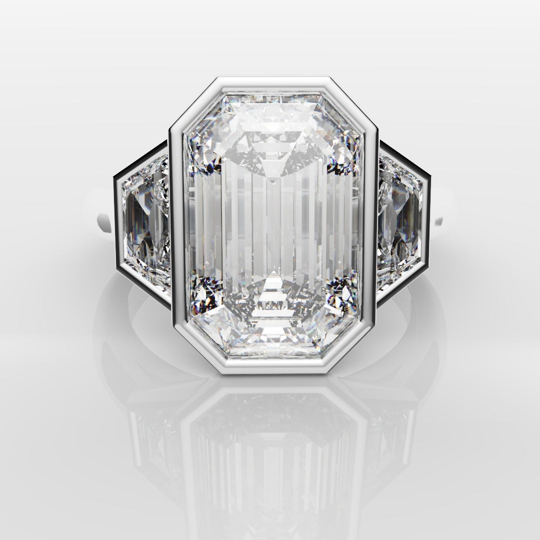 Emerald Cut and Trapezoid Diamond Trilogy Engagement Ring