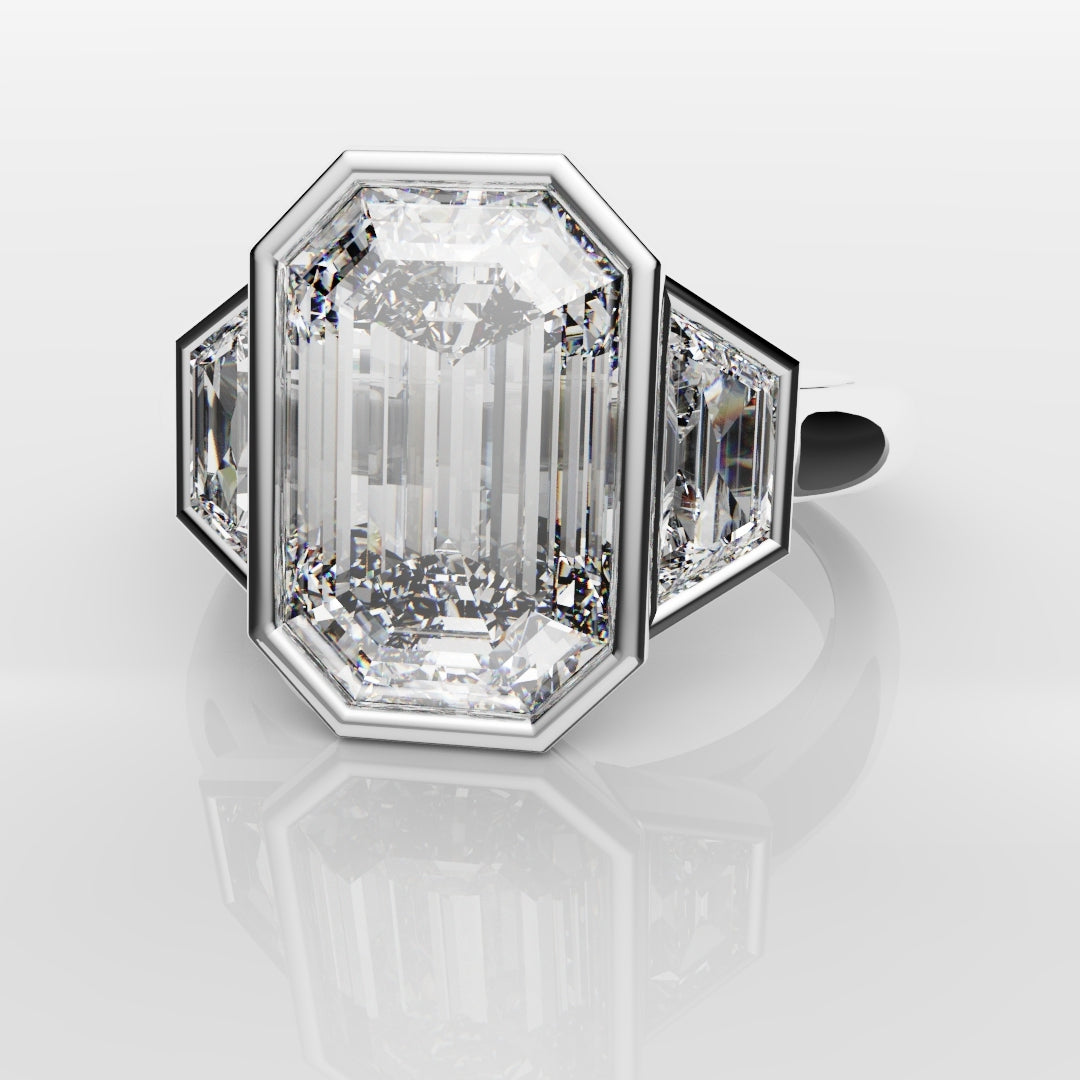 Emerald Cut and Trapezoid Diamond Trilogy Engagement Ring