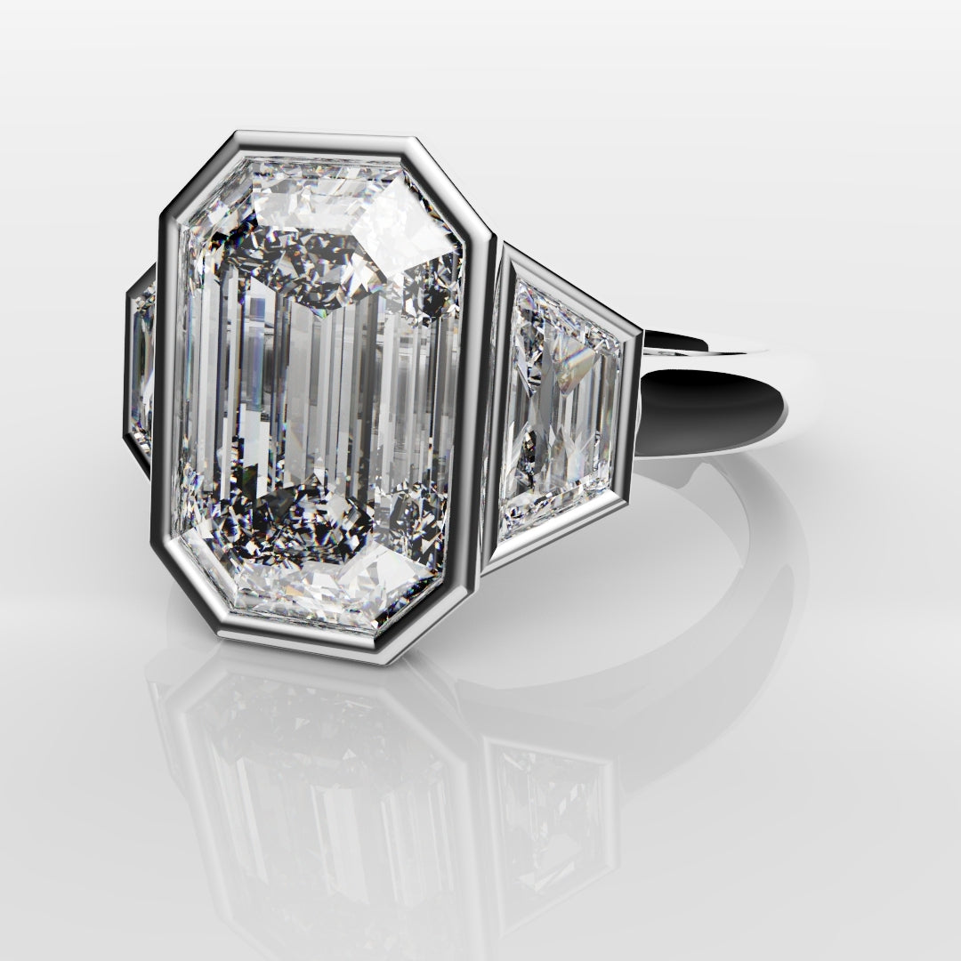 Emerald Cut and Trapezoid Diamond Trilogy Engagement Ring