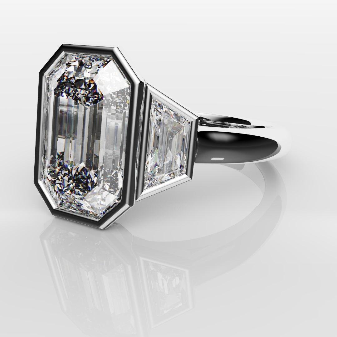 Emerald Cut and Trapezoid Diamond Trilogy Engagement Ring