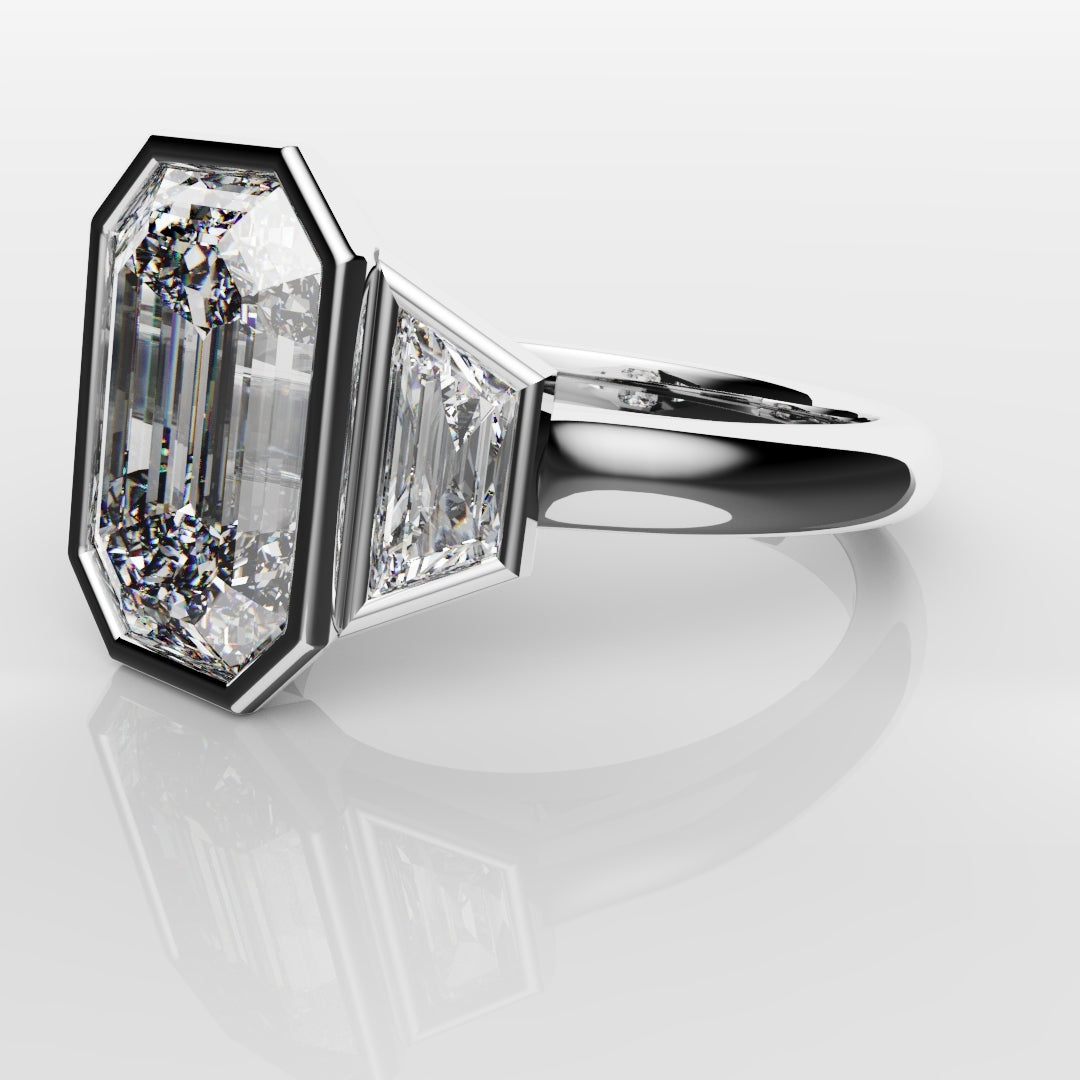 Emerald Cut and Trapezoid Diamond Trilogy Engagement Ring