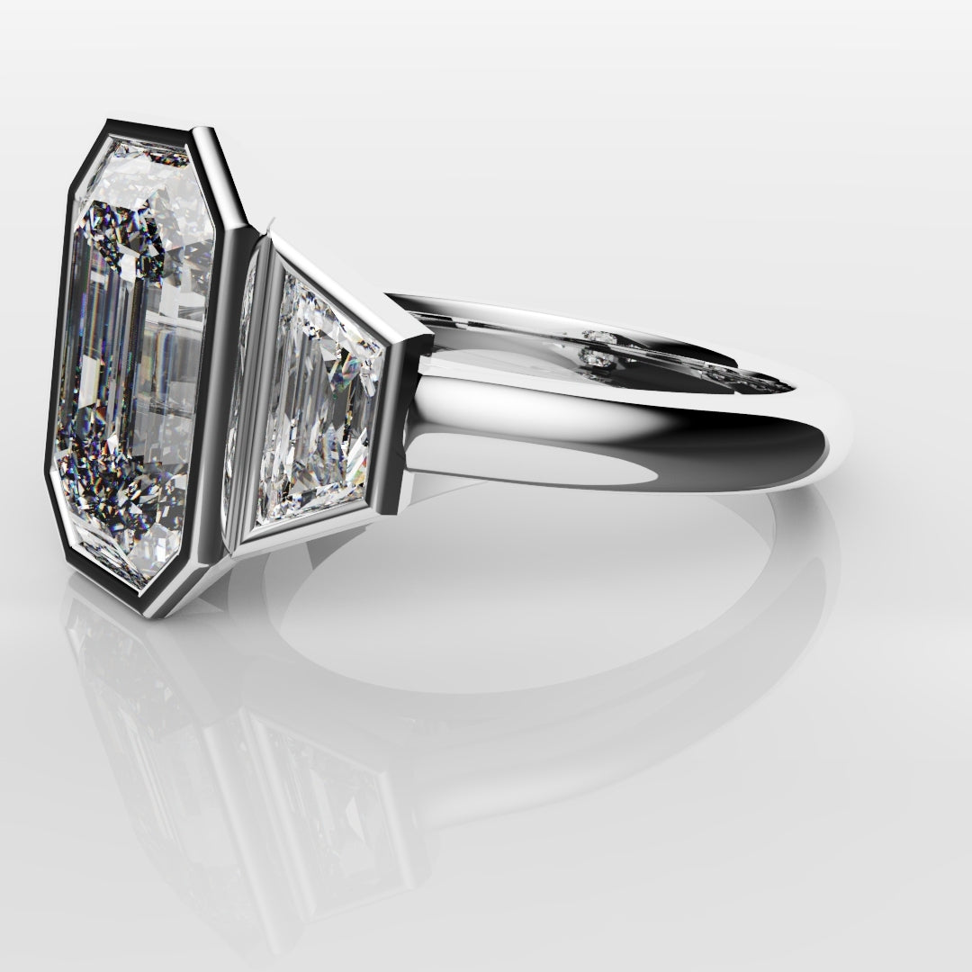 Emerald Cut and Trapezoid Diamond Trilogy Engagement Ring