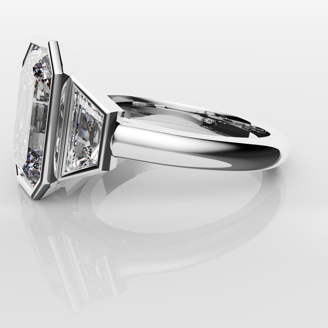 Emerald Cut and Trapezoid Diamond Trilogy Engagement Ring
