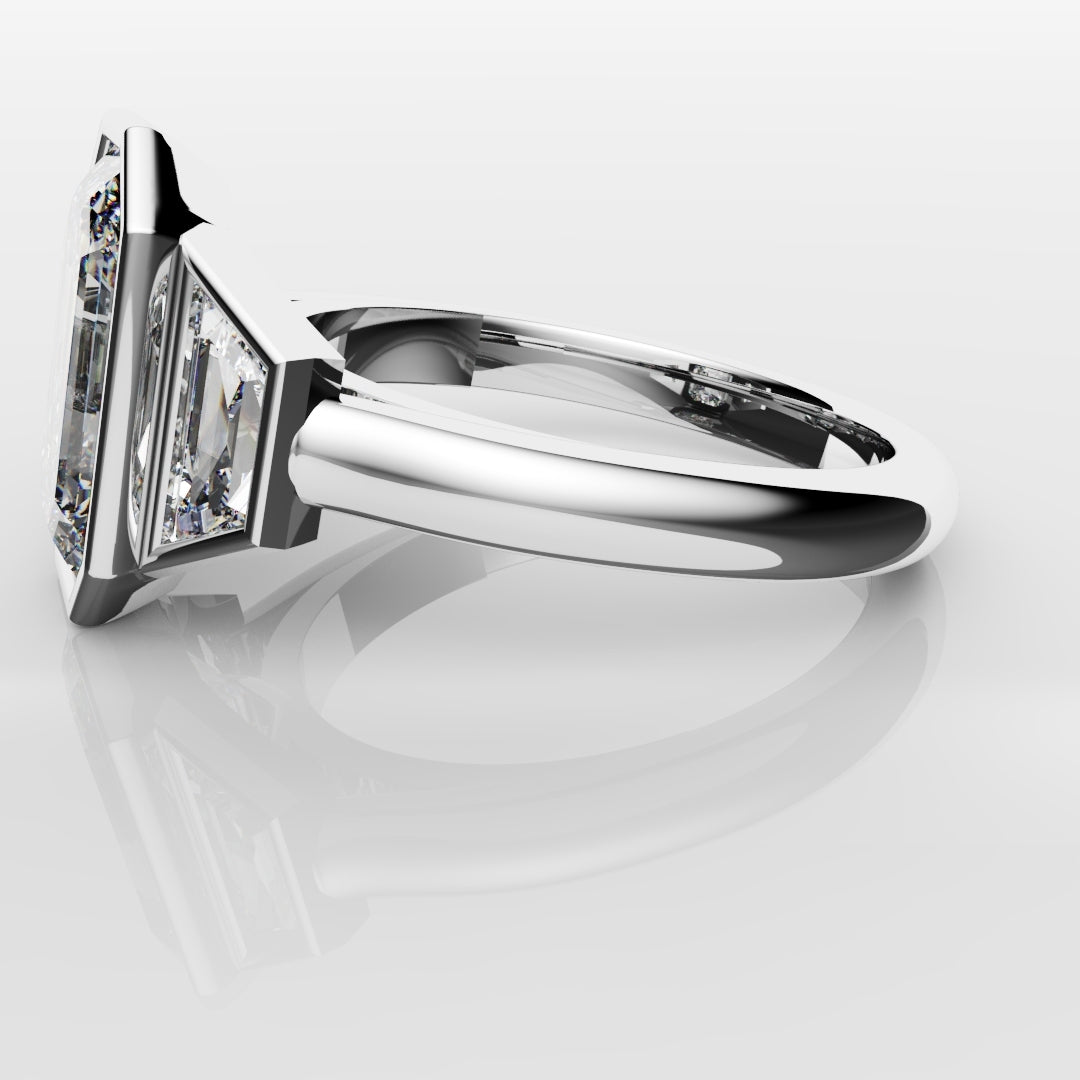 Emerald Cut and Trapezoid Diamond Trilogy Engagement Ring