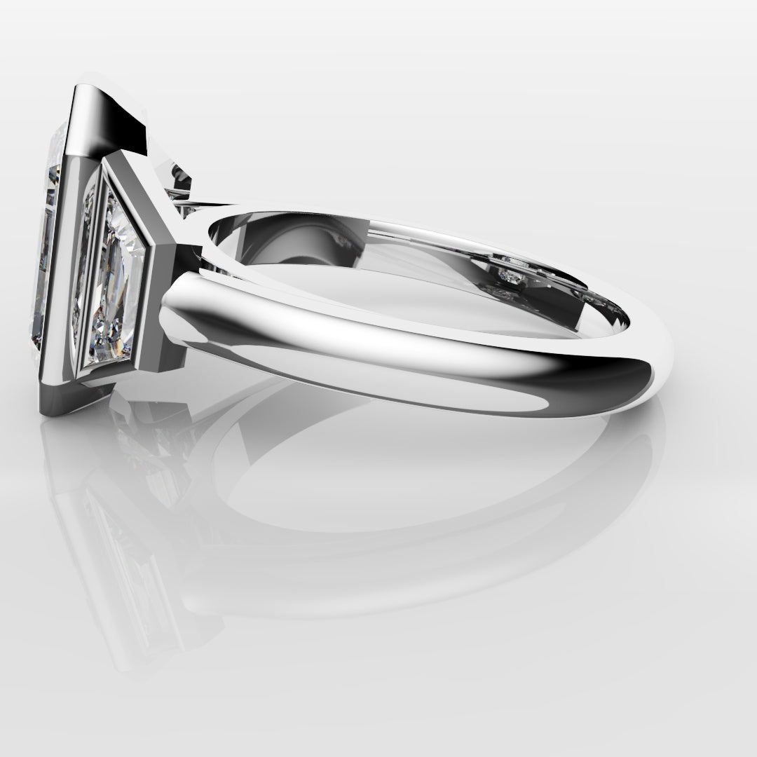 Emerald Cut and Trapezoid Diamond Trilogy Engagement Ring