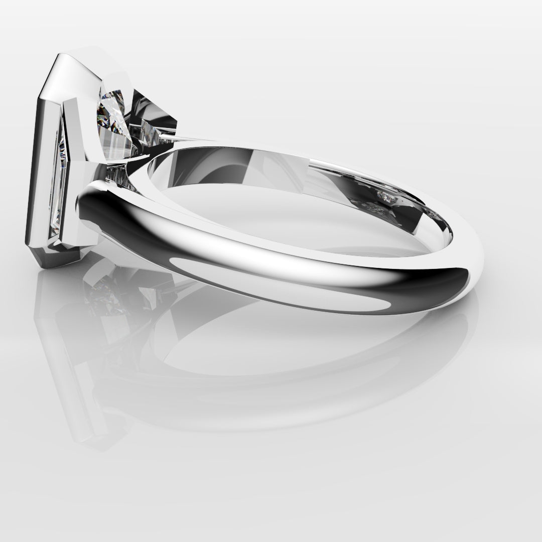Emerald Cut and Trapezoid Diamond Trilogy Engagement Ring