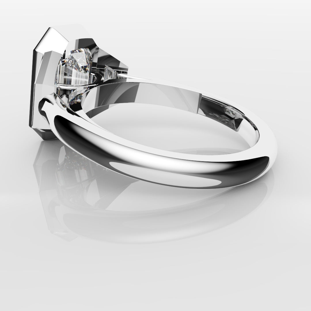 Emerald Cut and Trapezoid Diamond Trilogy Engagement Ring