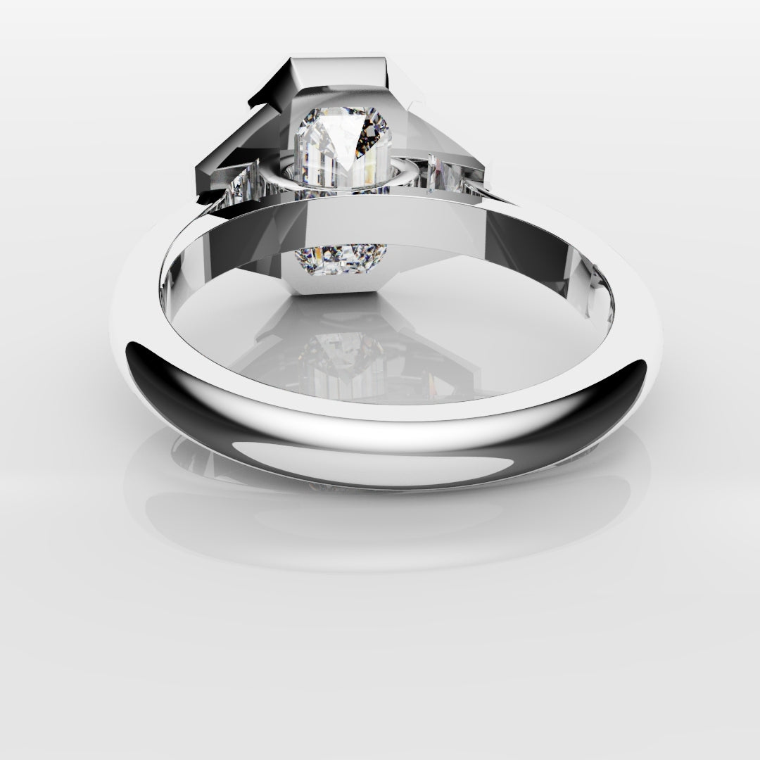 Emerald Cut and Trapezoid Diamond Trilogy Engagement Ring
