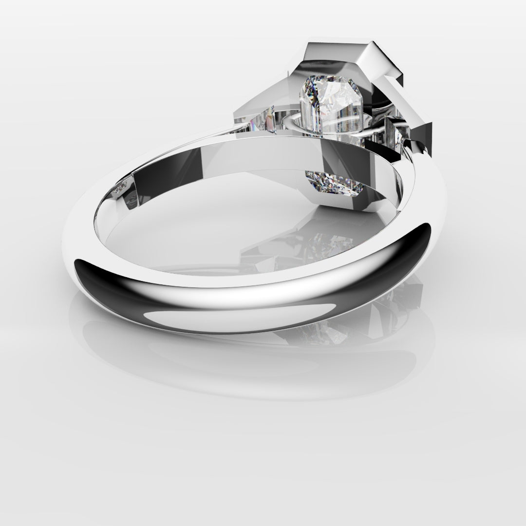 Emerald Cut and Trapezoid Diamond Trilogy Engagement Ring