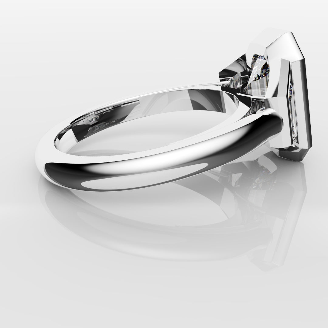 Emerald Cut and Trapezoid Diamond Trilogy Engagement Ring