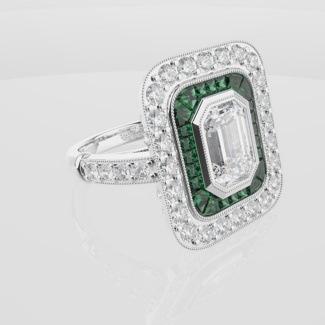 Emerald Cut Double Halo Art Deco Engagement Ring