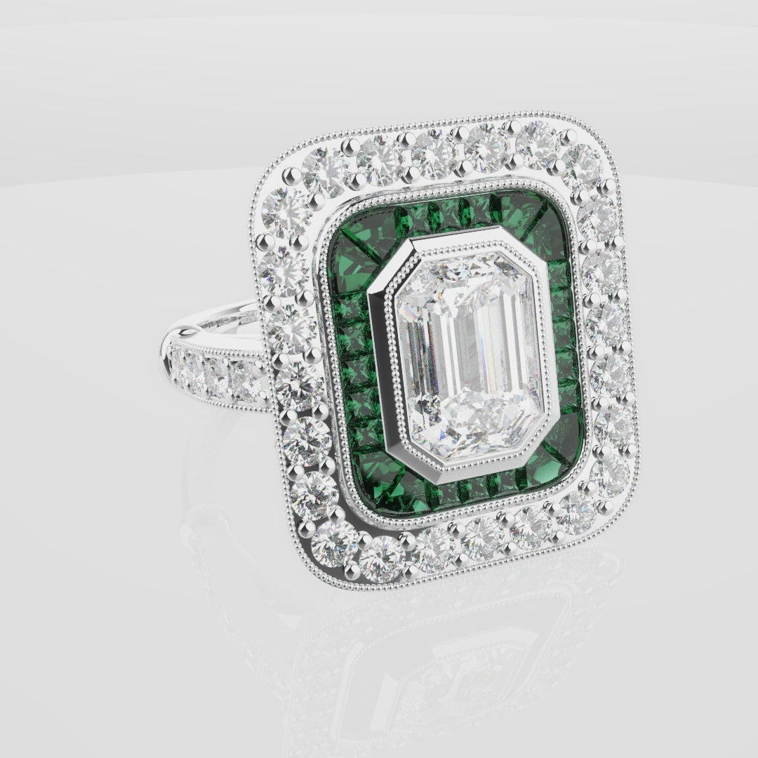 Emerald Cut Double Halo Art Deco Engagement Ring