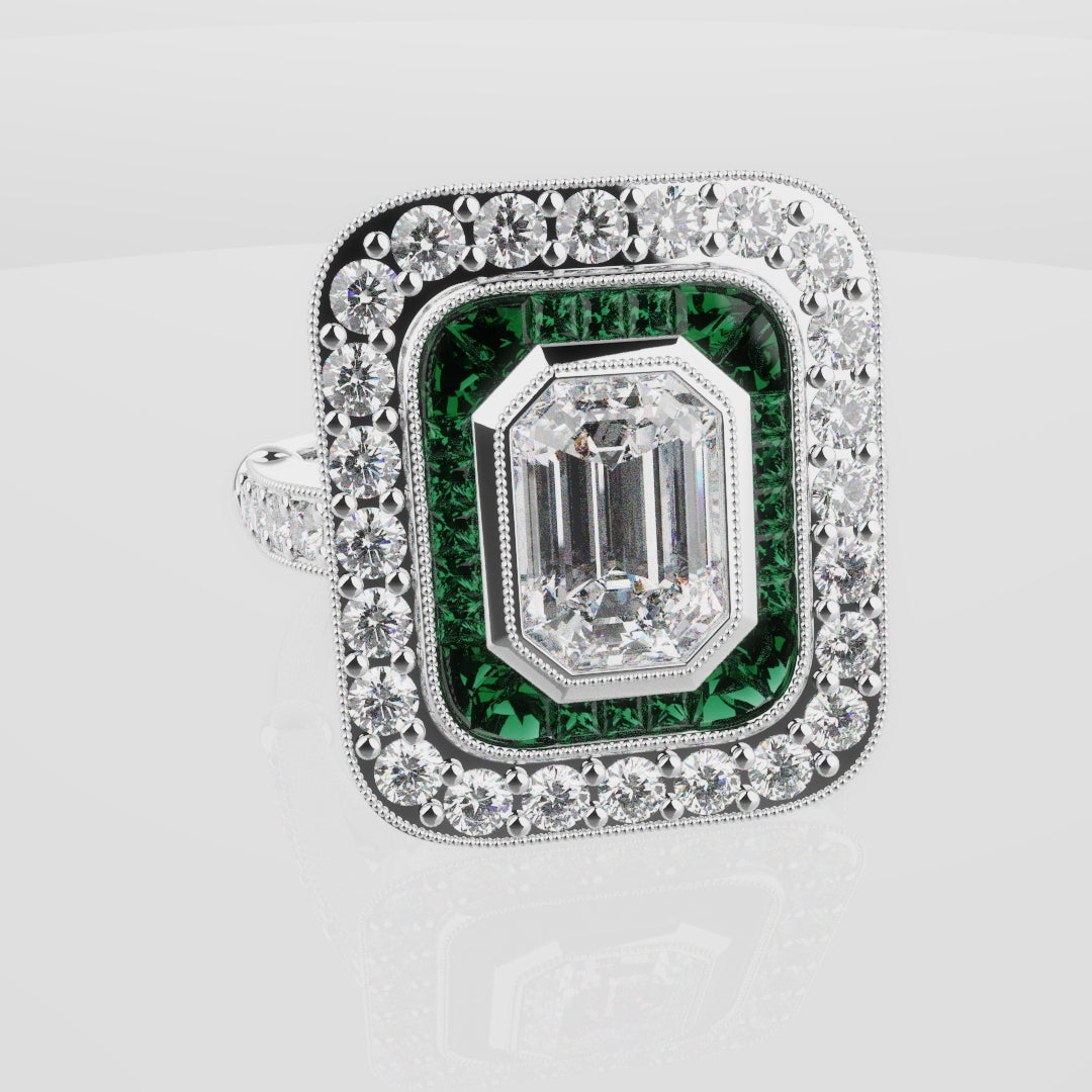 Emerald Cut Double Halo Art Deco Engagement Ring