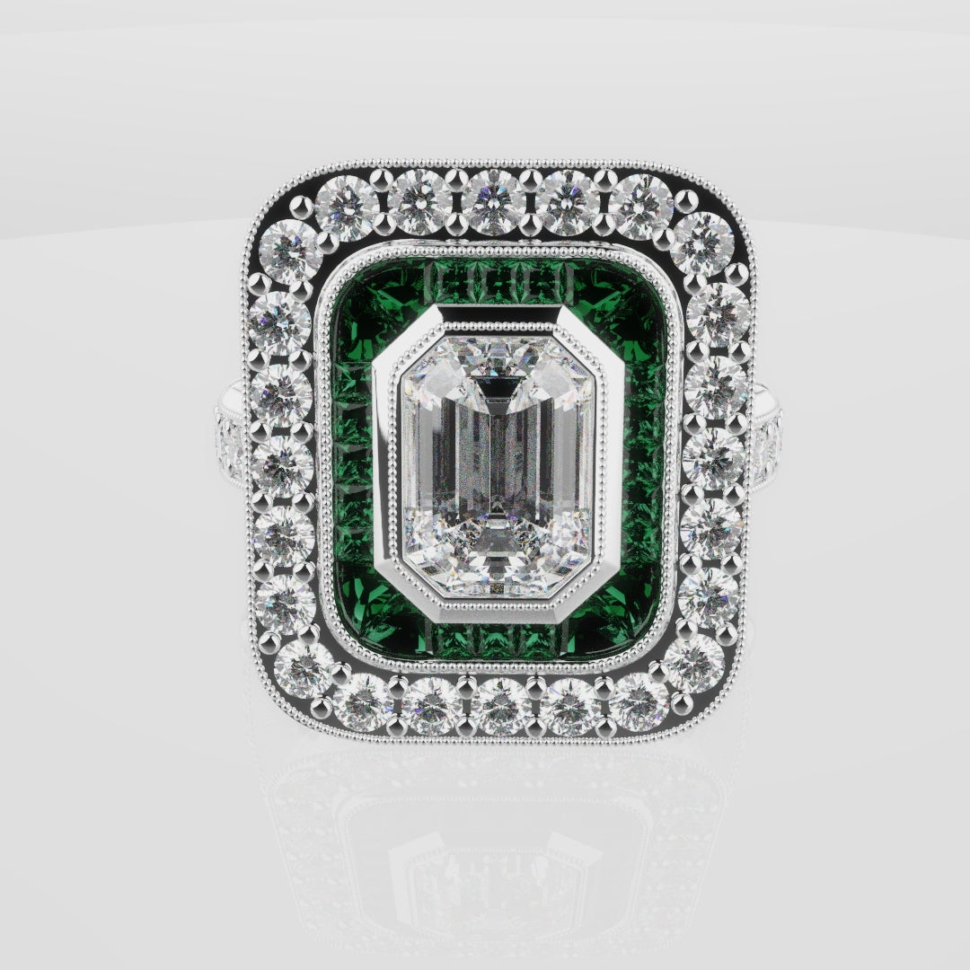 Emerald Cut Double Halo Art Deco Engagement Ring