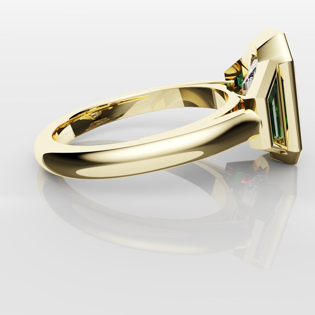 Emerald Cut Trilogy Engagement Ring With Green Emerald Trapezoids