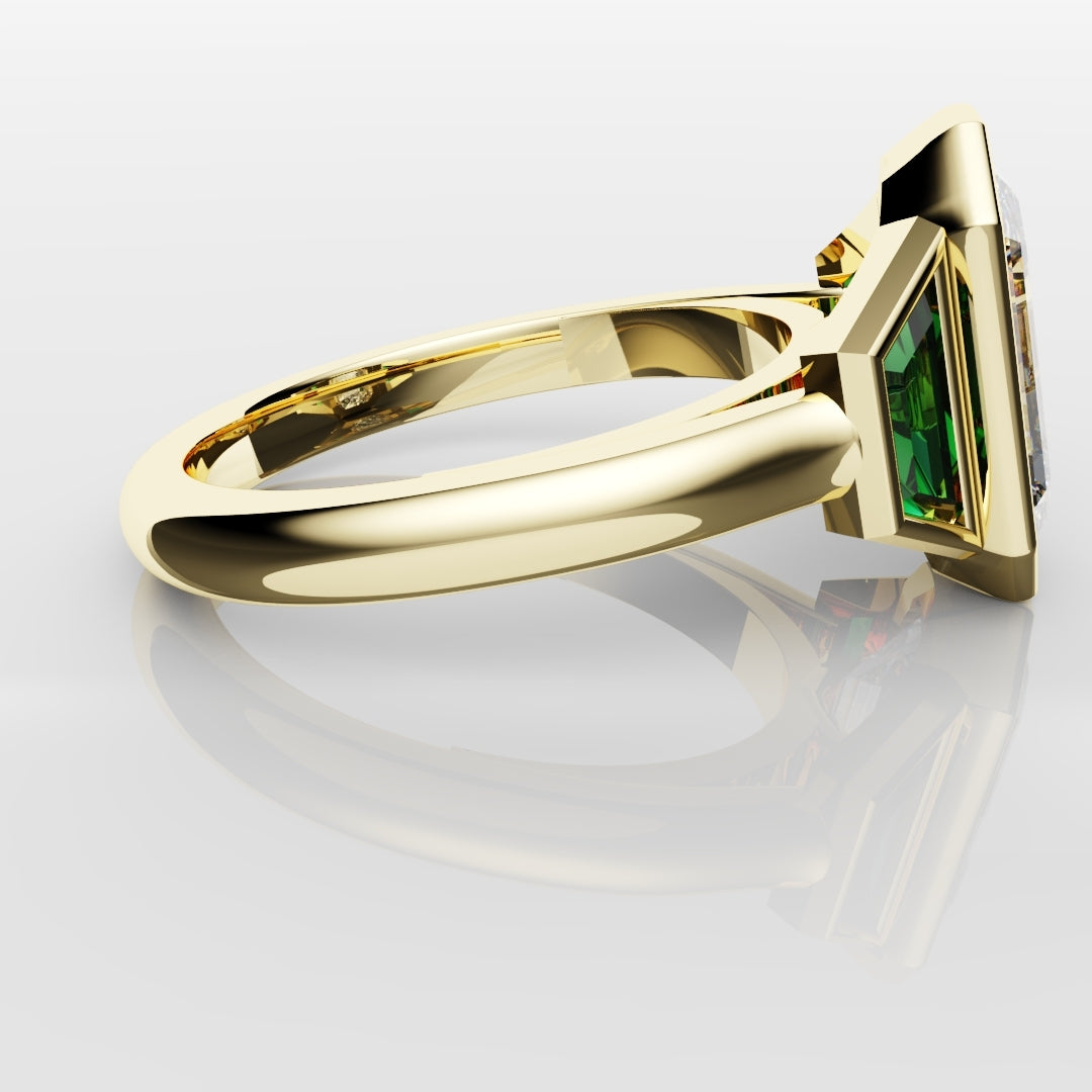 Emerald Cut Trilogy Engagement Ring With Green Emerald Trapezoids