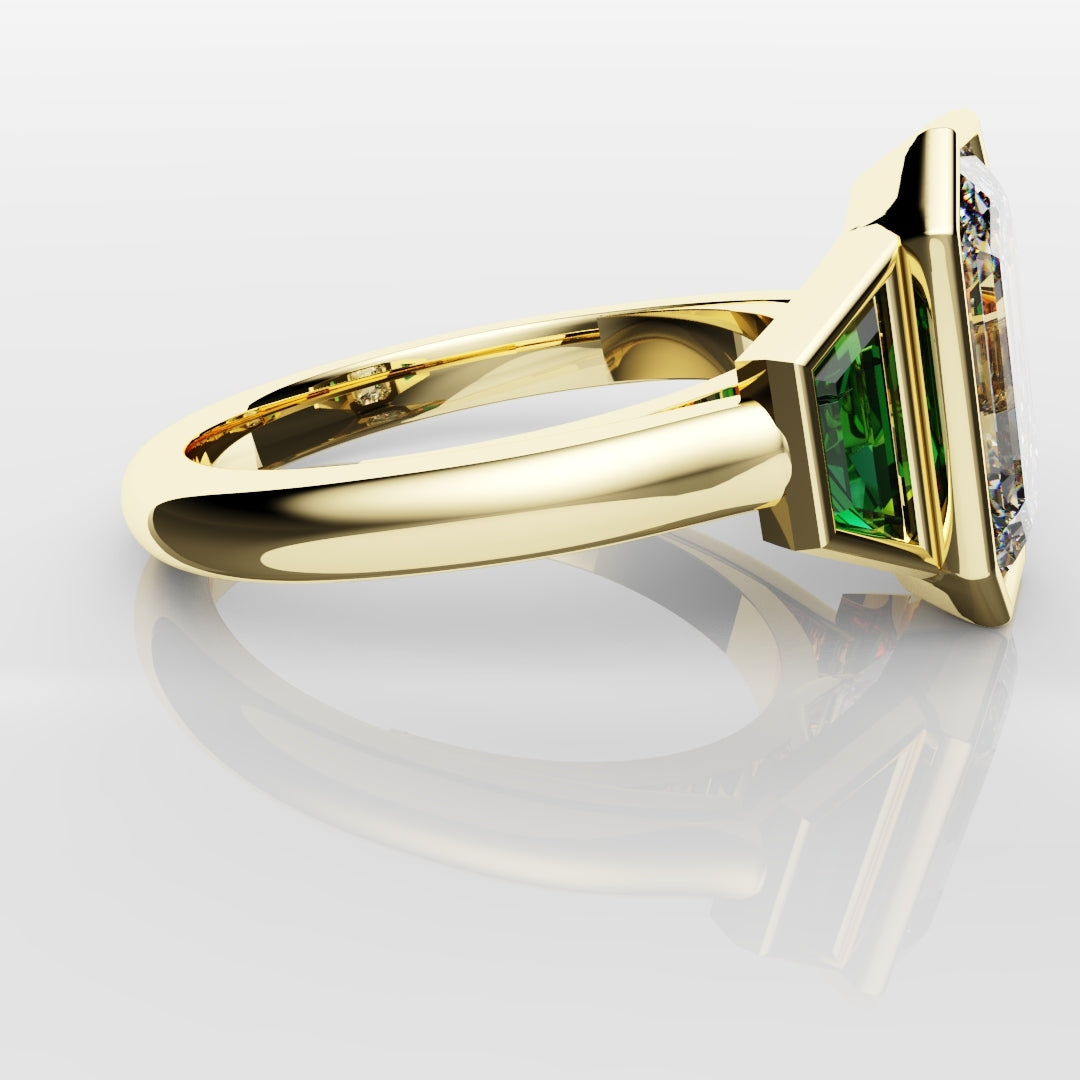Emerald Cut Trilogy Engagement Ring With Green Emerald Trapezoids