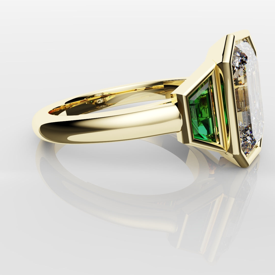 Emerald Cut Trilogy Engagement Ring With Green Emerald Trapezoids