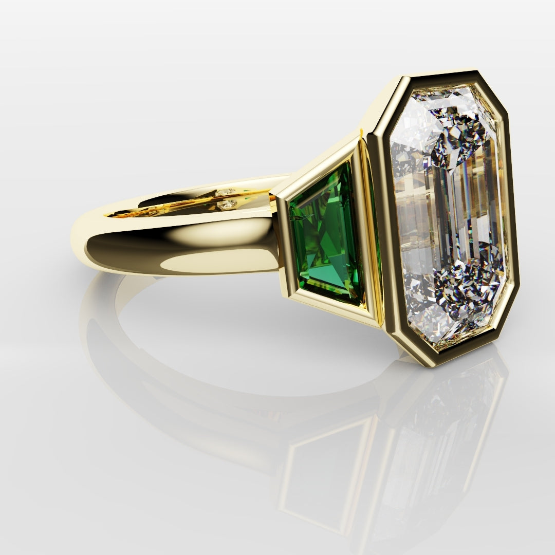 Emerald Cut Trilogy Engagement Ring With Green Emerald Trapezoids