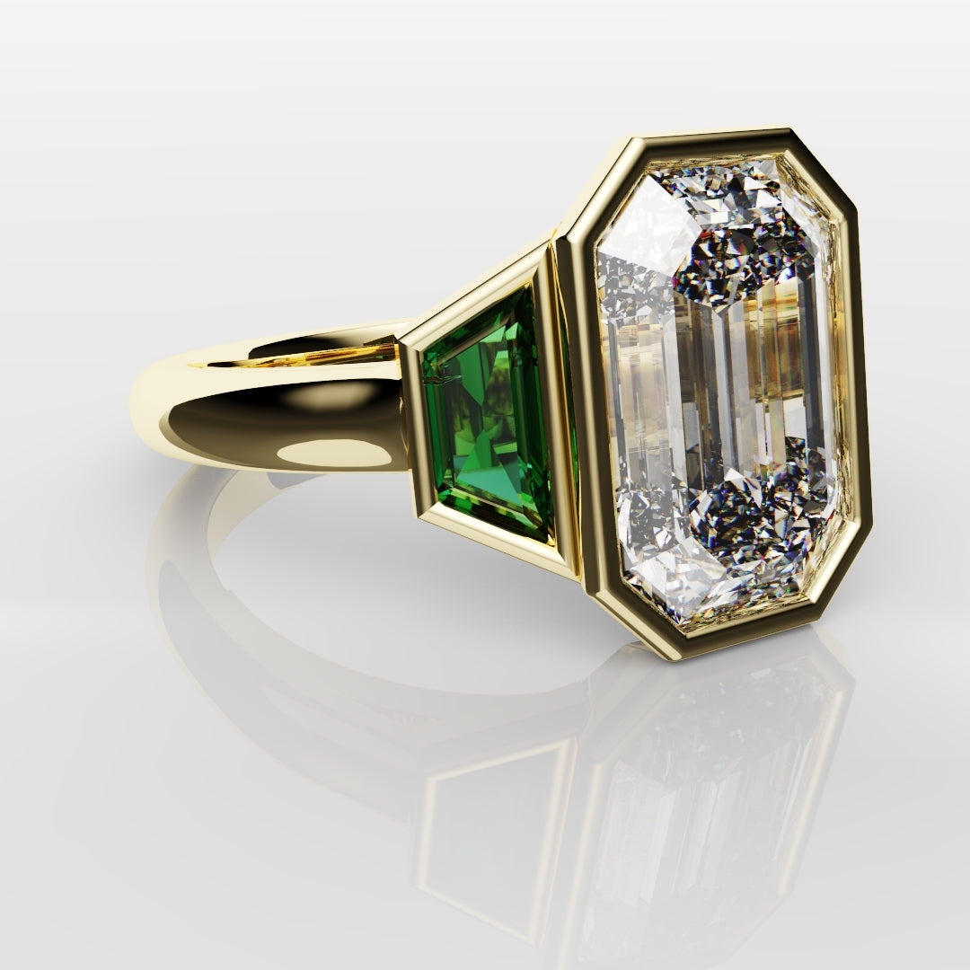 Emerald Cut Trilogy Engagement Ring With Green Emerald Trapezoids