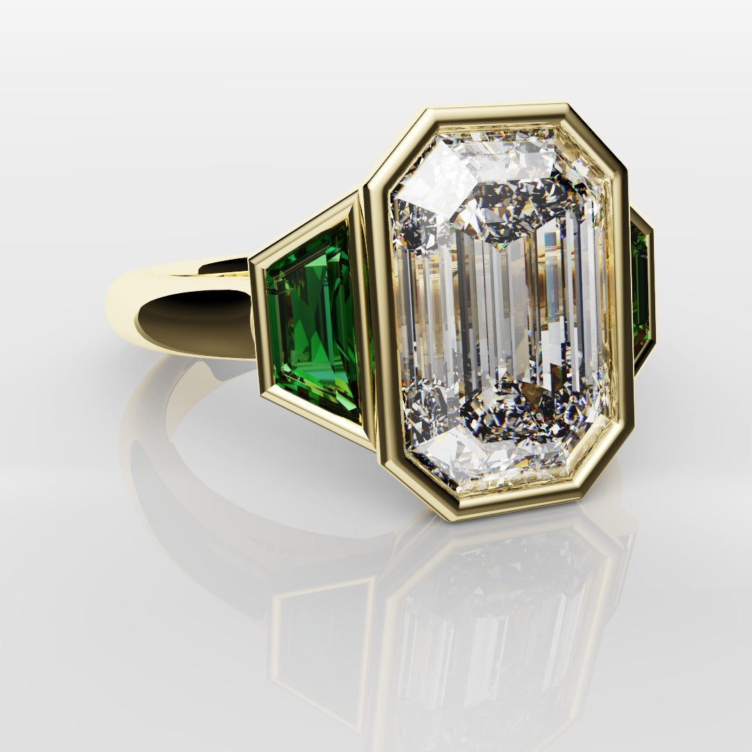 Emerald Cut Trilogy Engagement Ring With Green Emerald Trapezoids