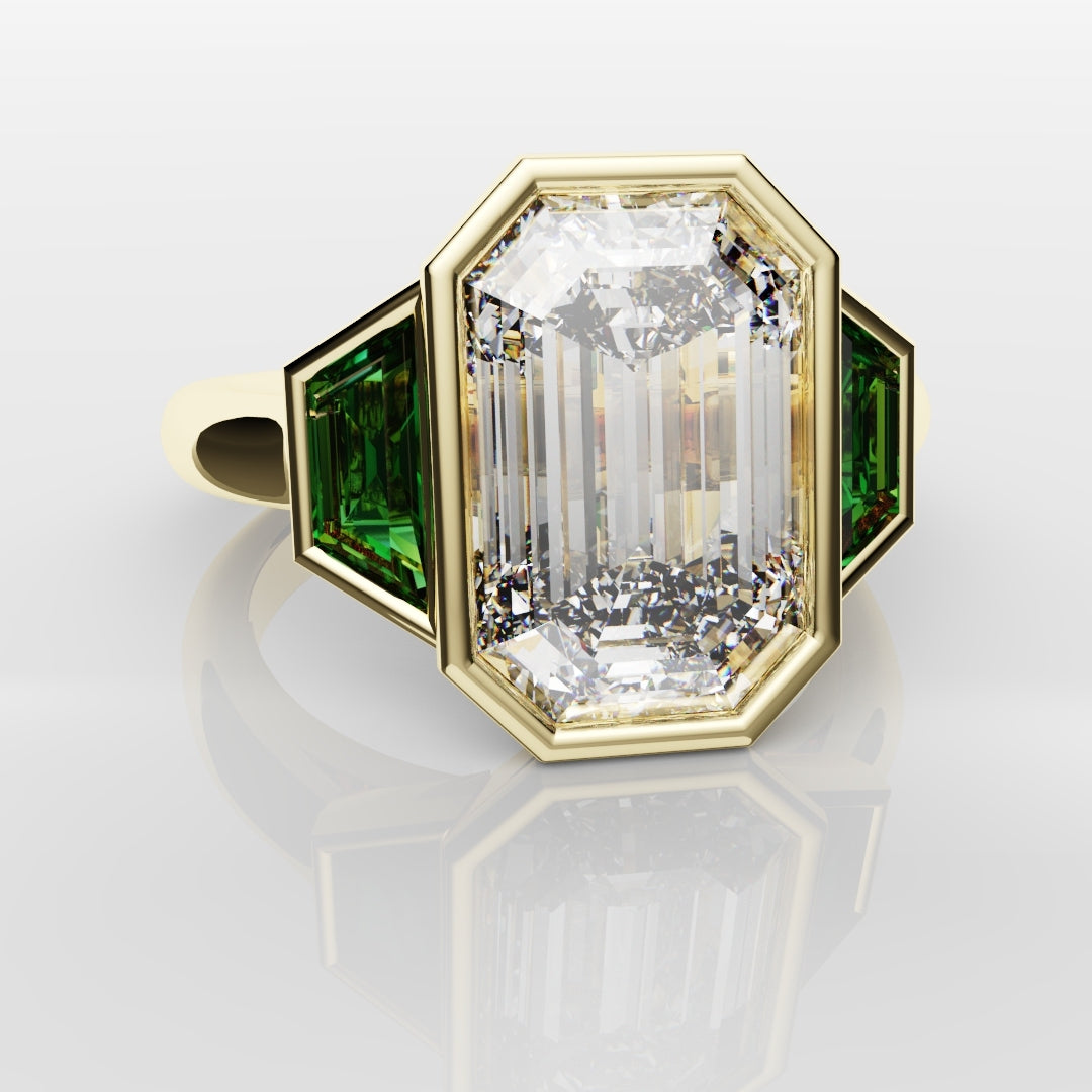 Emerald Cut Trilogy Engagement Ring With Green Emerald Trapezoids