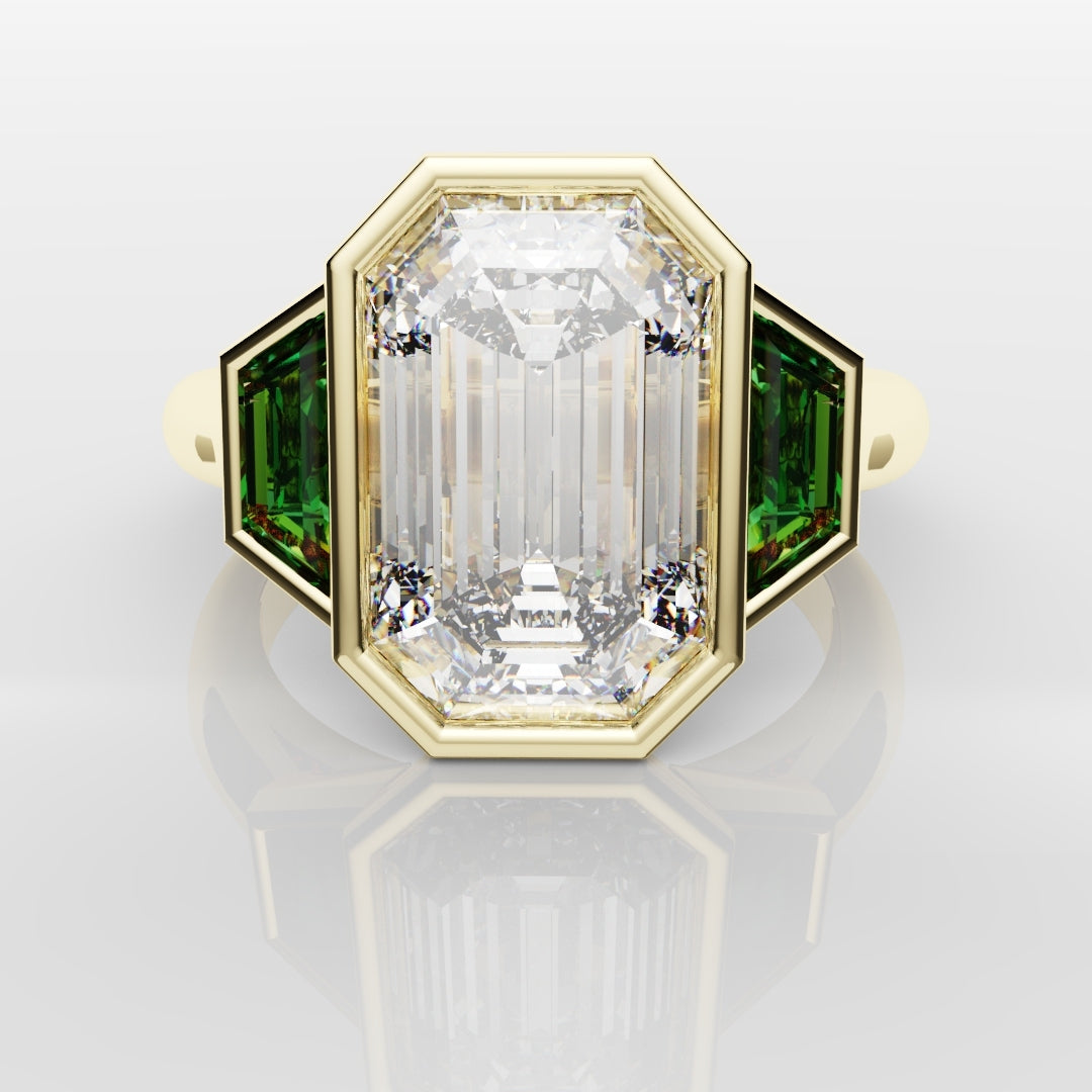 Emerald Cut Trilogy Engagement Ring With Green Emerald Trapezoids