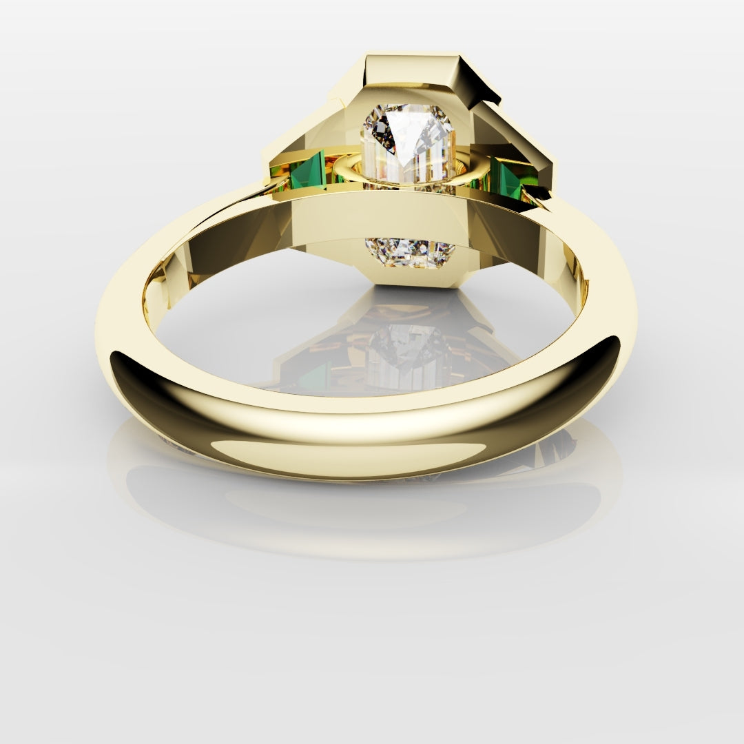 Emerald Cut Trilogy Engagement Ring With Green Emerald Trapezoids