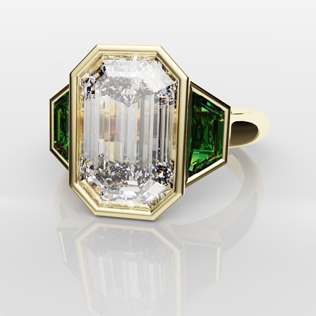 Emerald Cut Trilogy Engagement Ring With Green Emerald Trapezoids