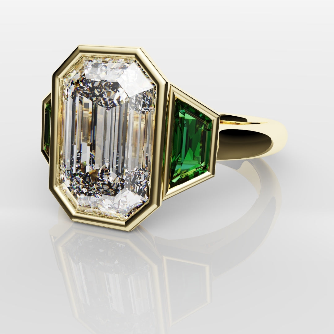 Emerald Cut Trilogy Engagement Ring With Green Emerald Trapezoids