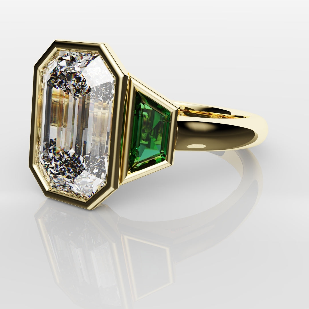 Emerald Cut Trilogy Engagement Ring With Green Emerald Trapezoids