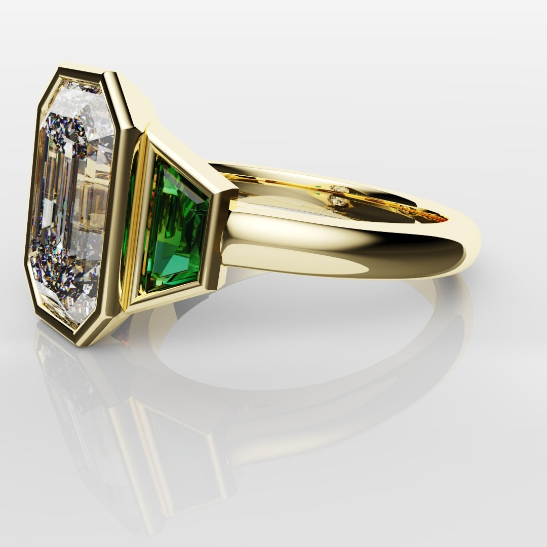 Emerald Cut Trilogy Engagement Ring With Green Emerald Trapezoids