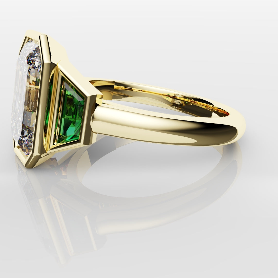 Emerald Cut Trilogy Engagement Ring With Green Emerald Trapezoids