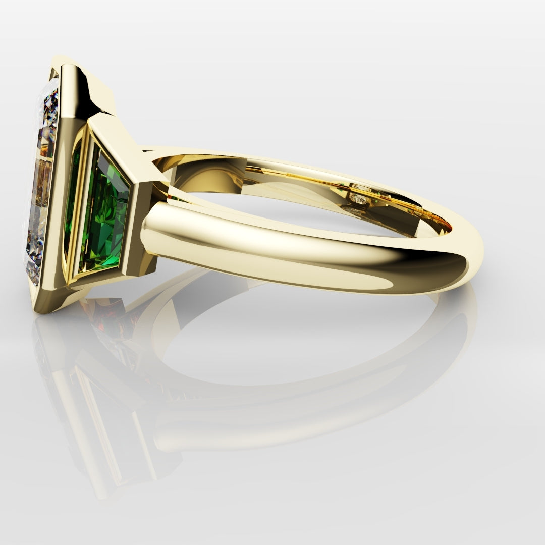 Emerald Cut Trilogy Engagement Ring With Green Emerald Trapezoids