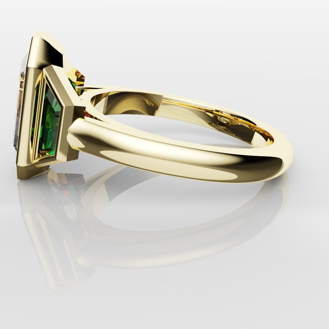 Emerald Cut Trilogy Engagement Ring With Green Emerald Trapezoids