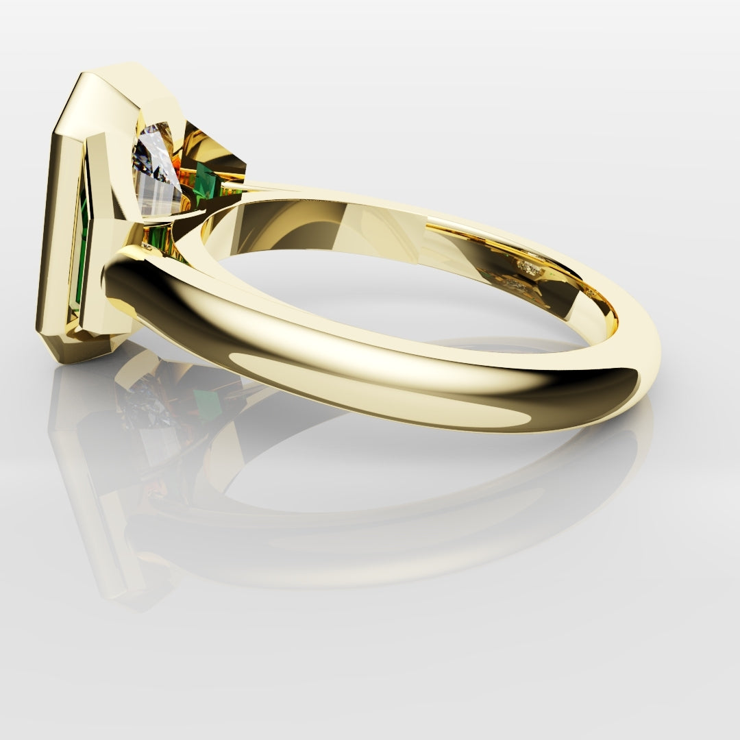 Emerald Cut Trilogy Engagement Ring With Green Emerald Trapezoids