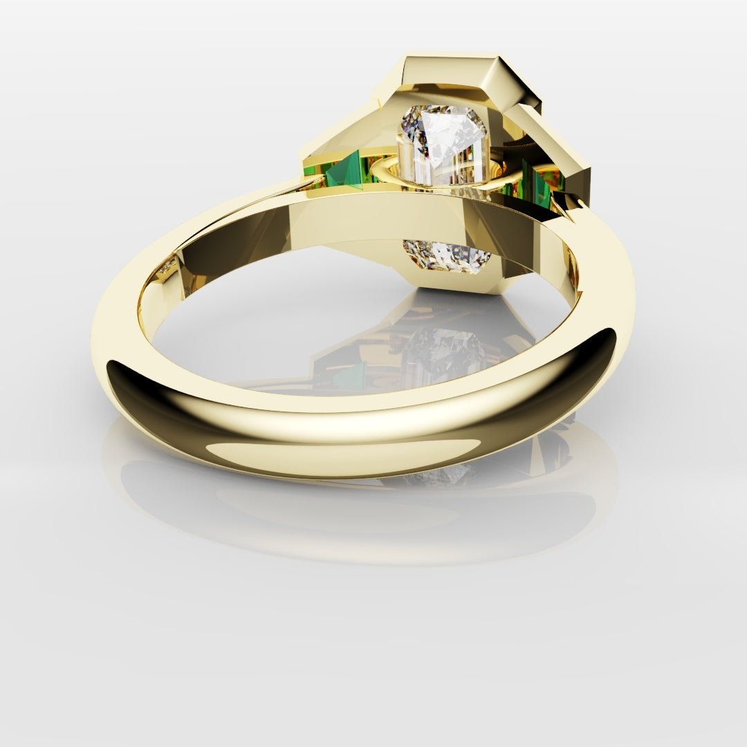 Emerald Cut Trilogy Engagement Ring With Green Emerald Trapezoids