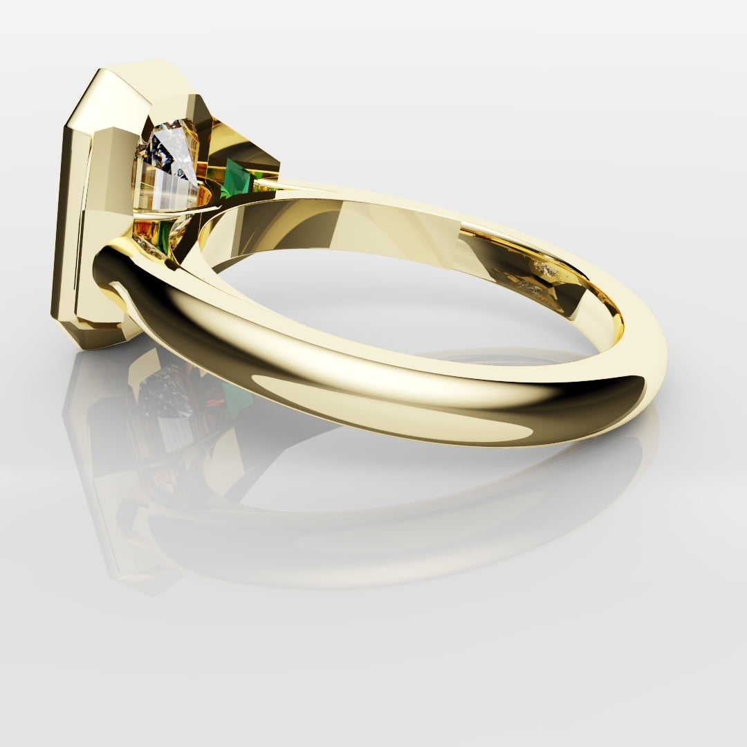 Emerald Cut Trilogy Engagement Ring With Green Emerald Trapezoids
