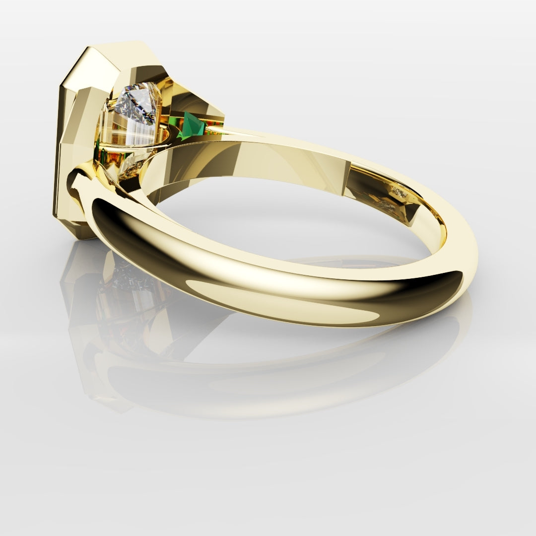 Emerald Cut Trilogy Engagement Ring With Green Emerald Trapezoids
