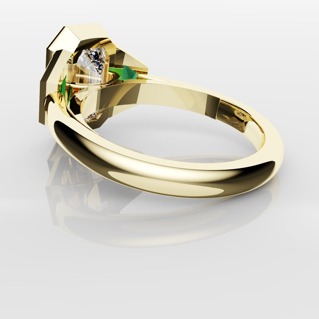 Emerald Cut Trilogy Engagement Ring With Green Emerald Trapezoids