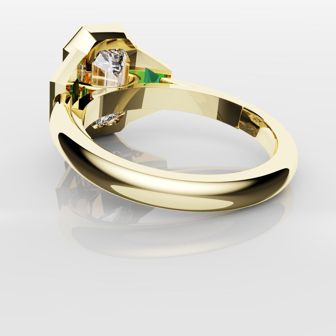 Emerald Cut Trilogy Engagement Ring With Green Emerald Trapezoids